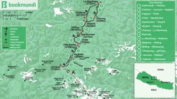 The Upper Mustang trek map shows the trekking route, start/end locations, landmarks, and suggested campsites in accordance with a standard itinerary. Trek Map for Upper Mustang