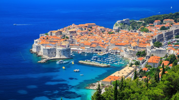 The walled city of Dubrovnik fronting the Adriatic Sea.