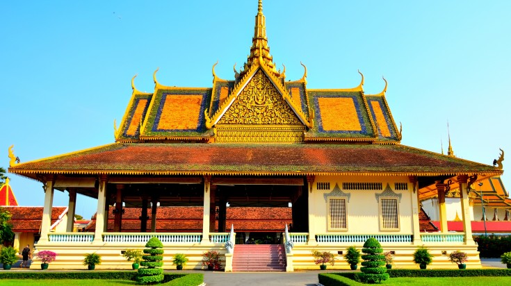 Pagoda at royal palace in Phnom Penh in sunny weather in Cambodia in July.