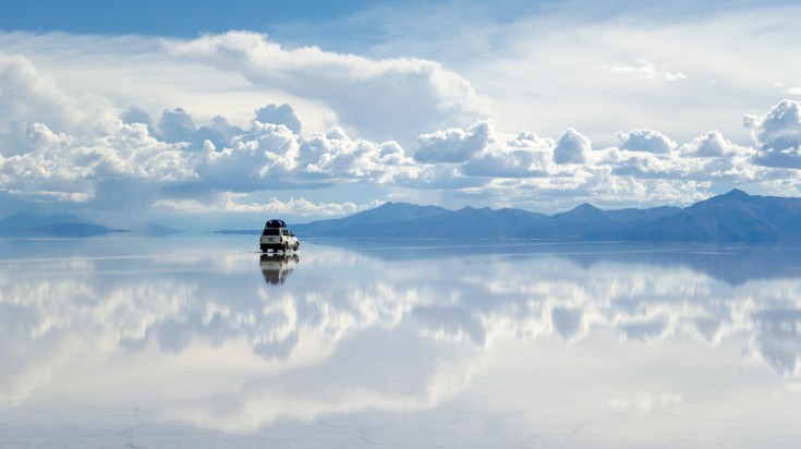 View of Salar de Uyuni where the sky meets the ground in winter in Bolivia.