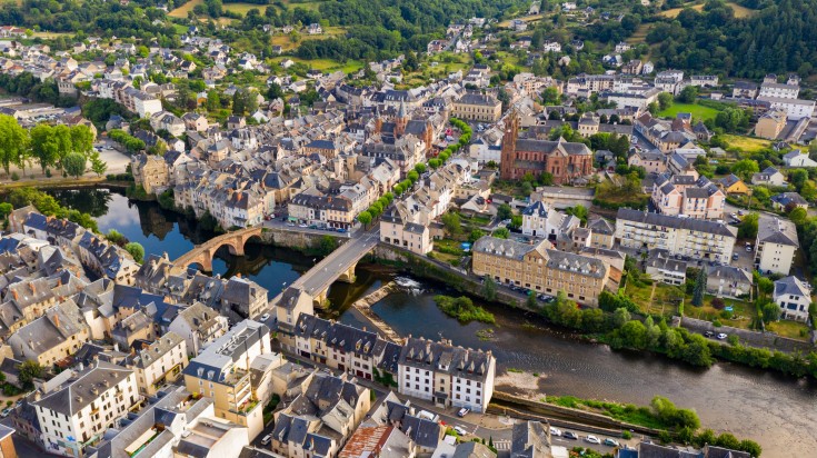 Aerial view of the city of Espalion in France