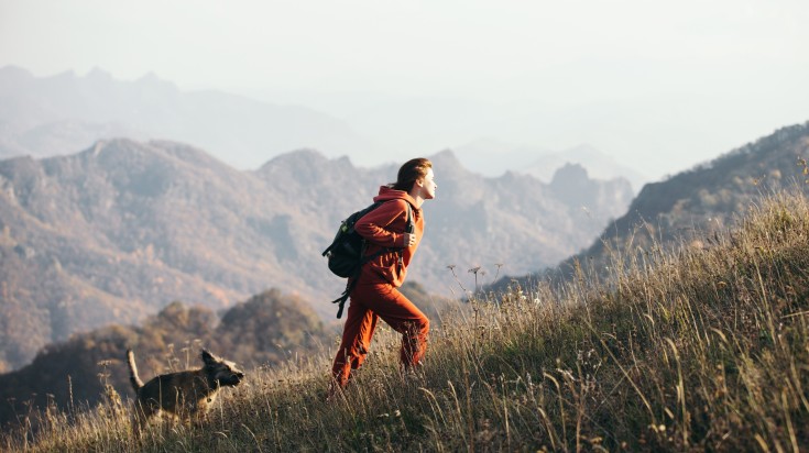 A traveler climbs uphill with a dog on a background of mountain views.