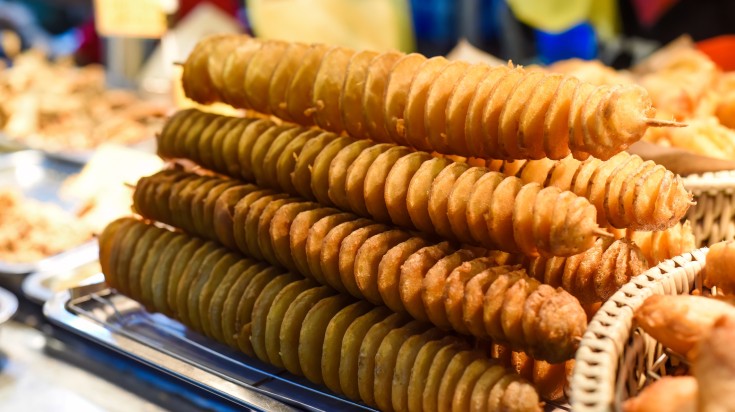 Twisted potatoes in the night market at Jalan Alor in Malaysia in December.