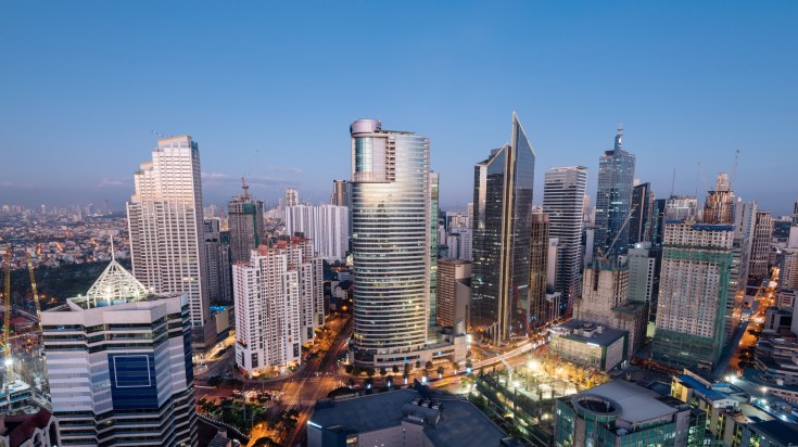 Makati skyline at night in the Philippines in September.