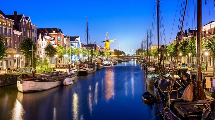 Delfshaven in Rotterdam at Twilight in the Netherlands in September.