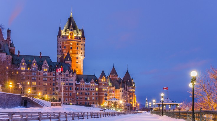 The Chateau Frontenac in Quebec covered in snow in Canada in January.