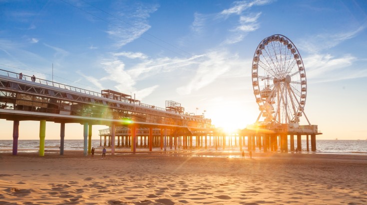 Lovely sunset on Scheveningen beach in the Netherlands in September.