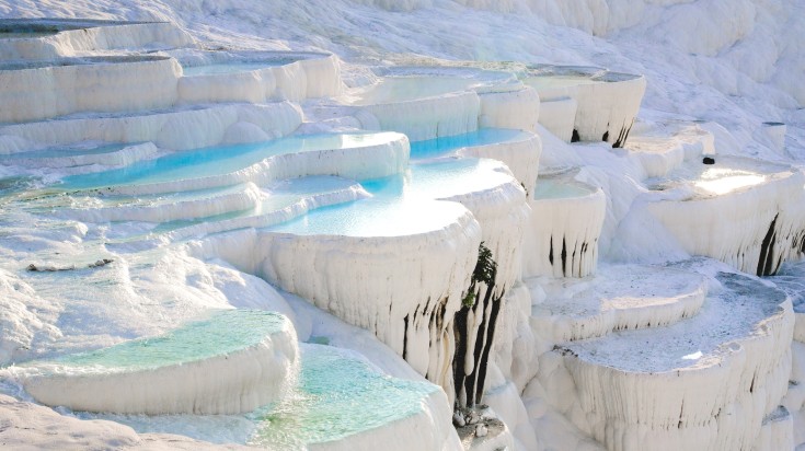 Natural travertine pools in Pamukkale on a winter day.