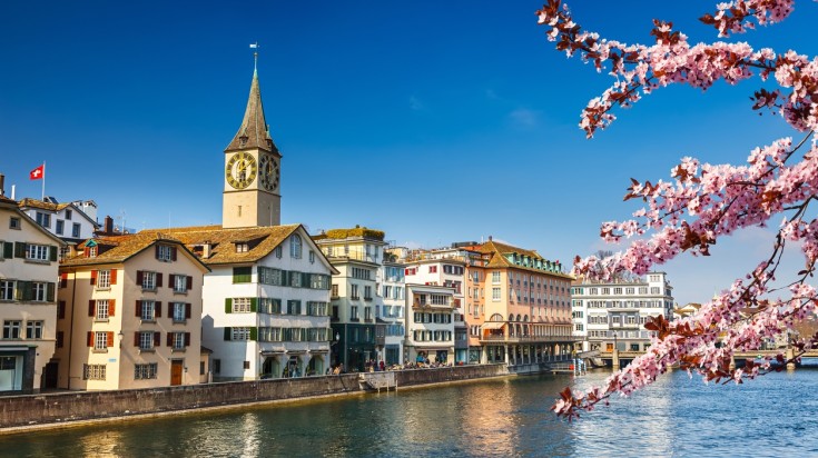 Downtown Zurich on a sunny day during Spring in Switzerland.