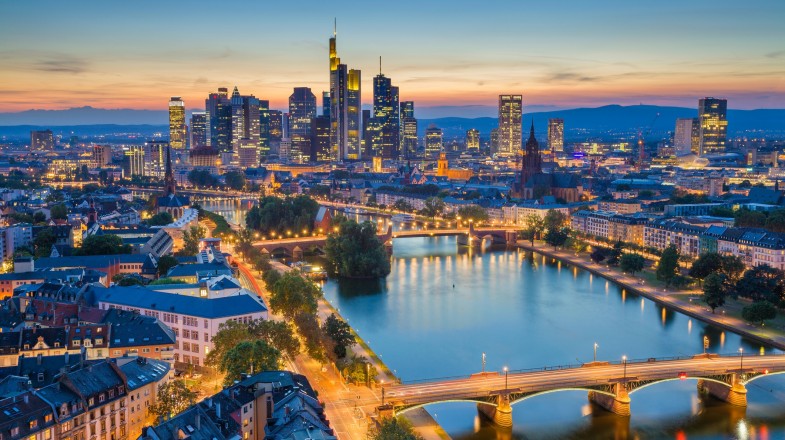 Admire the Frankfurt skyline at twilight blue hour during your 1 week in Germany.