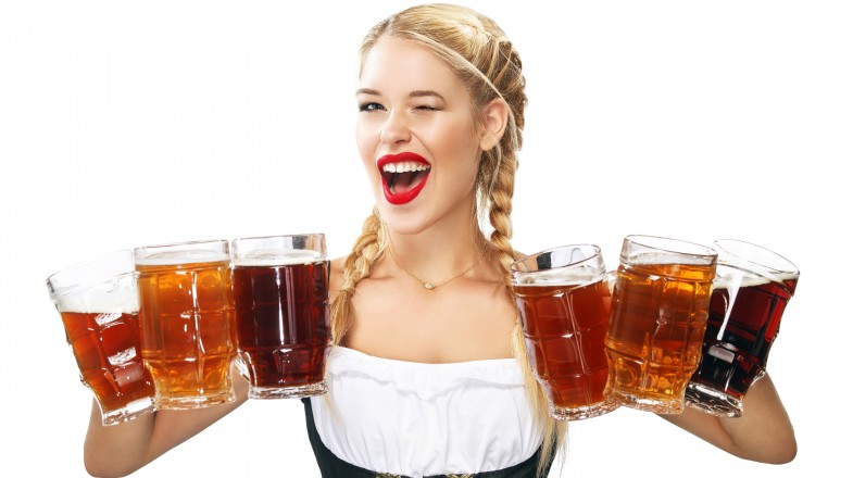 A waitress wearing a traditional Bavarian dress in the Oktoberfest