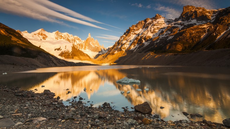 Cerro Torre in Los Glaciares National Park during dusk in Argentina in February.