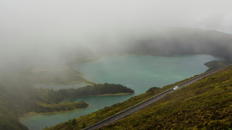 The fog-covered Lake of Fire in Sao Miguel during February in Azores