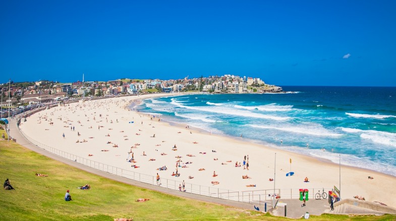 Panoramic view of Bondi beach with locals and tourists sunbathing during 11 days in Australia