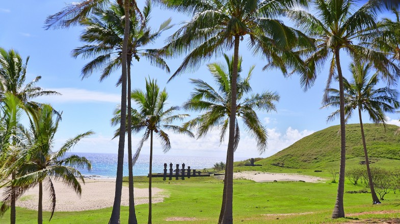 Anakena beach with Moai statue in Chile in September.