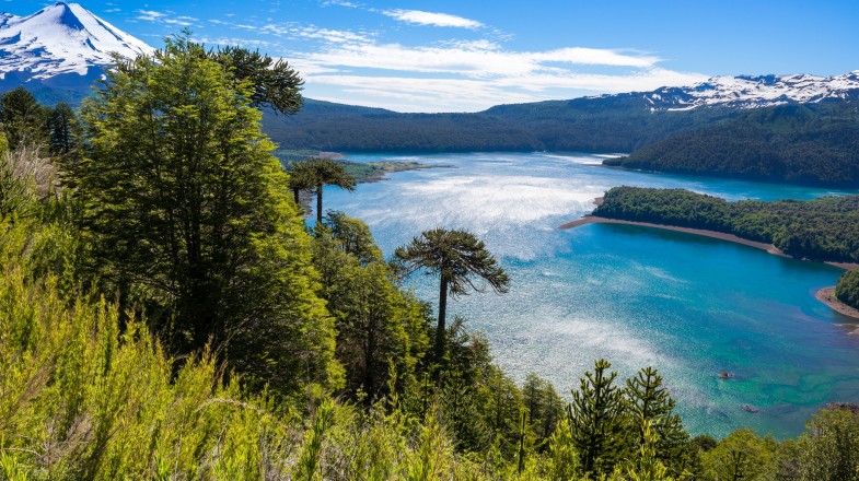 The Lake District in Chile is bathed in vivid green and peppered with brilliant, turquoise lakes, with gorgeous backdrops of snow-capped mountains.