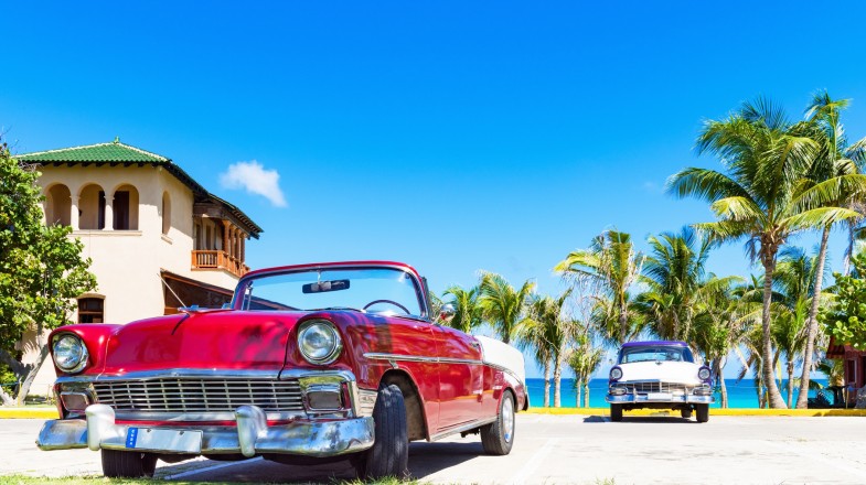 American red convertible parked at Varadero in Cuba in April.