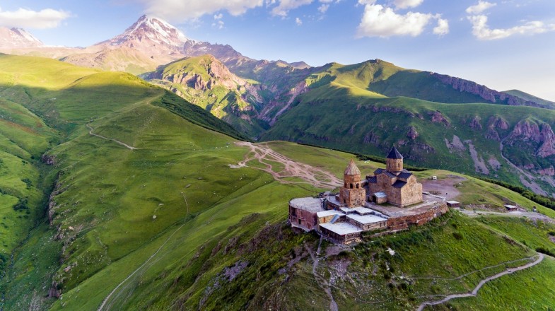 An aerial view of the Gergeti Trinity Church Of Gergeti In Georgia.