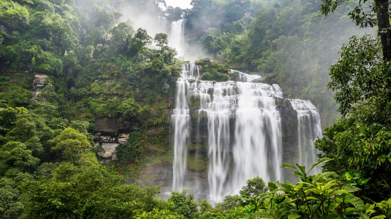 Waterfall on a cliff in the tropical rainforest in the Bolaven Plateau