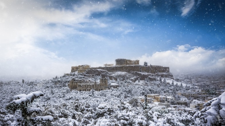 Winter view to the Parthenon Temple at the Acropolis in Greece during February