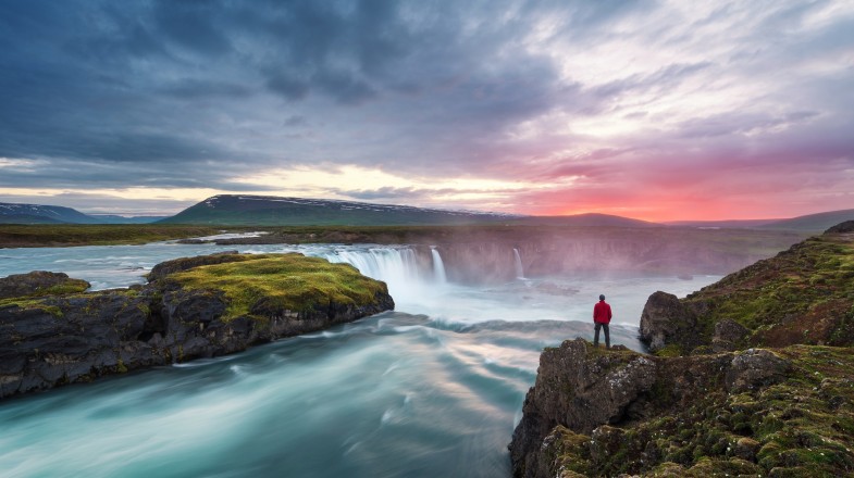 The landscape of Godafoss waterfall in Iceland in March.