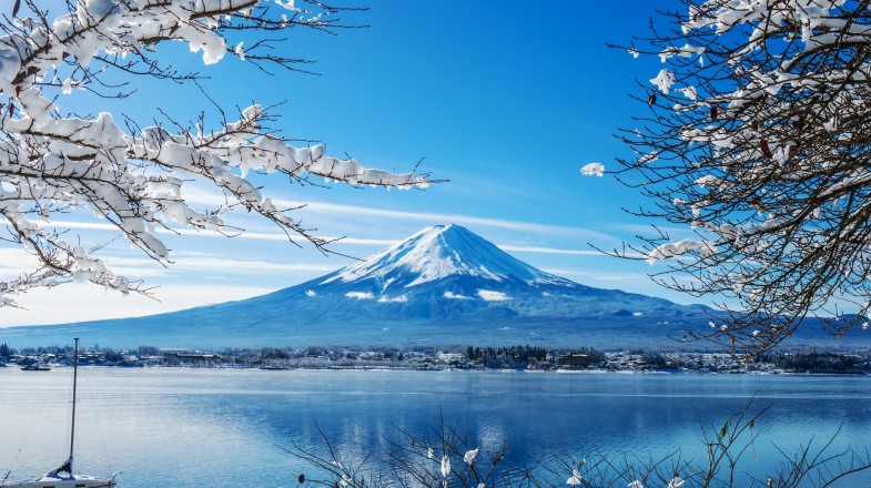 Sunrise at the lake Kawaguchi-ko,Fuji Mountain Background in Japan in February.