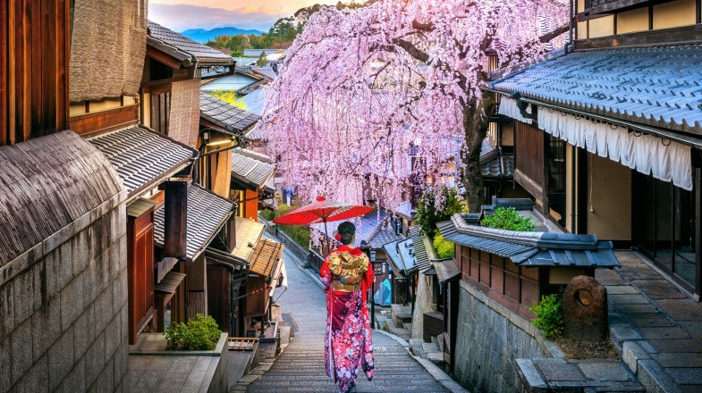 A traditional geisha walking down a picturesque alley of Kyoto during a stay in Japan for 8 days