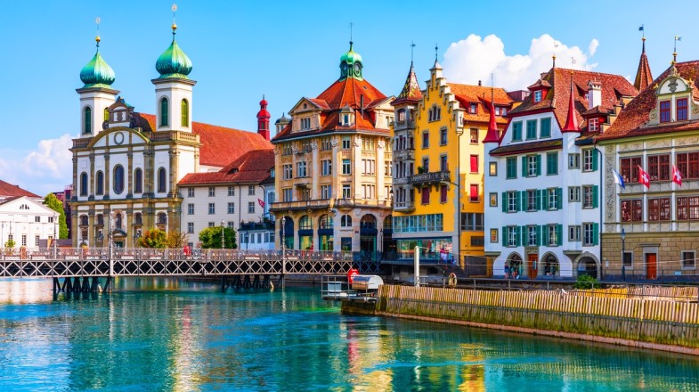Watch this scenic panorama of Lucerne in Switzerland in August.