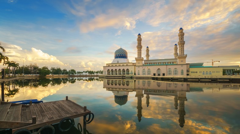 Colorful sky at Kota Kinabalu City Mosque in Malaysia in August.
