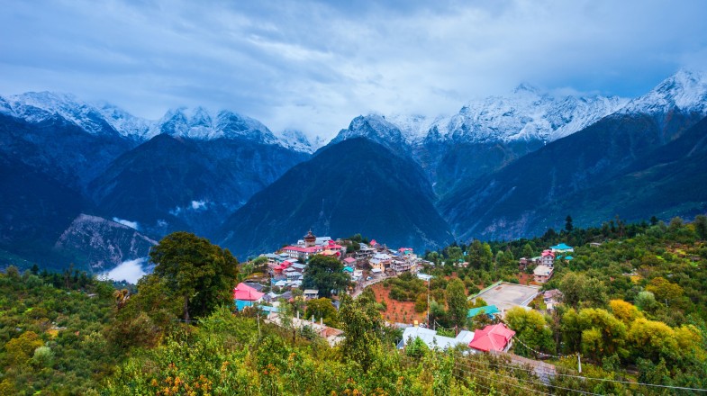 Panoramic view of Kalpa and Kinnaur Kailash mountain during winter in India.