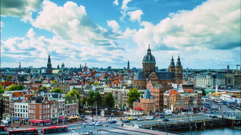 A view of a city with traditional buildings in the Netherlands in June.