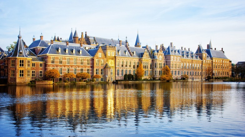 The view the Dutch Parliament on a fall day in the Netherlands in November.