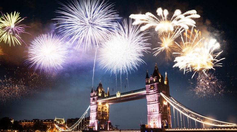 New Year's fireworks over Tower Bridge, England, in January.
