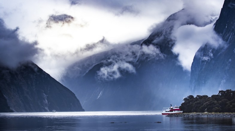 A tourist boat cruising in New Zealand in June.