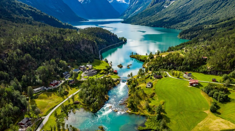 The view of beautiful Geiranger in Norway in April.