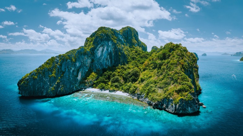 Aerial panorama view of Entalula Island in the Philippines in July.