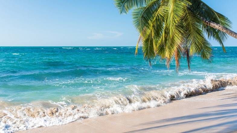 Sunny beach with turquoise sea and blue sky in Costa Rica