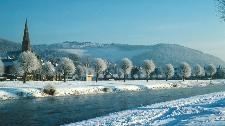 The town of Peebles covered in snow during winter in Scotland.