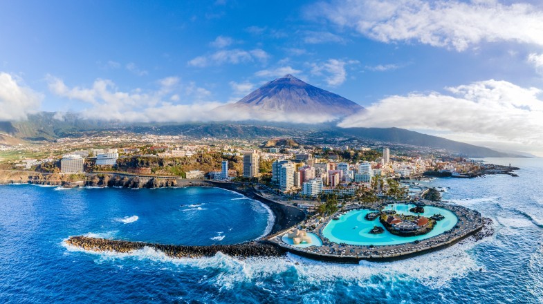 Aerial view with Puerto de la Cruz, Tenerife in Spain