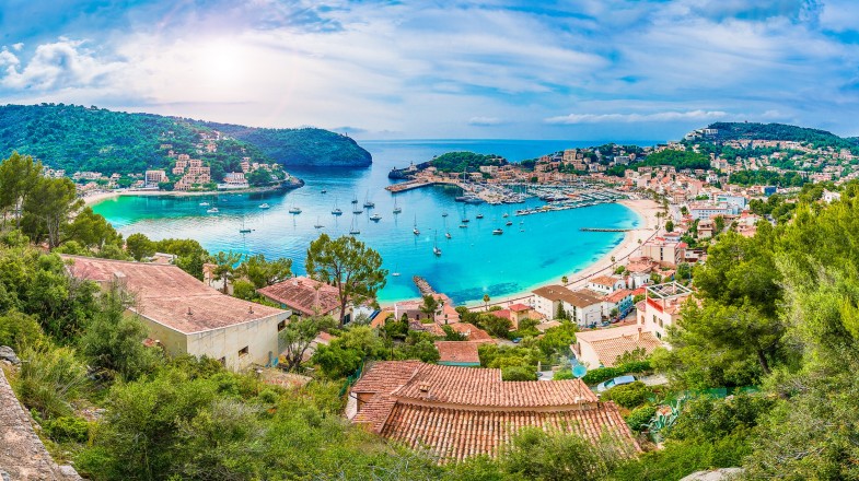 View of the the beautiful Mediterranean coastline of Porte de Soller Panoramic view of Porte de Soller, Palma Mallorca, Spain