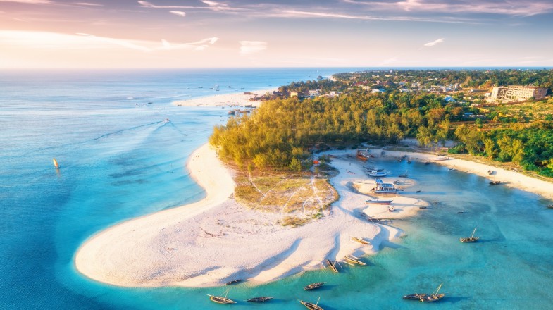 Aerial view of Zanzibar island with boats and yachts in Tanzania in May.