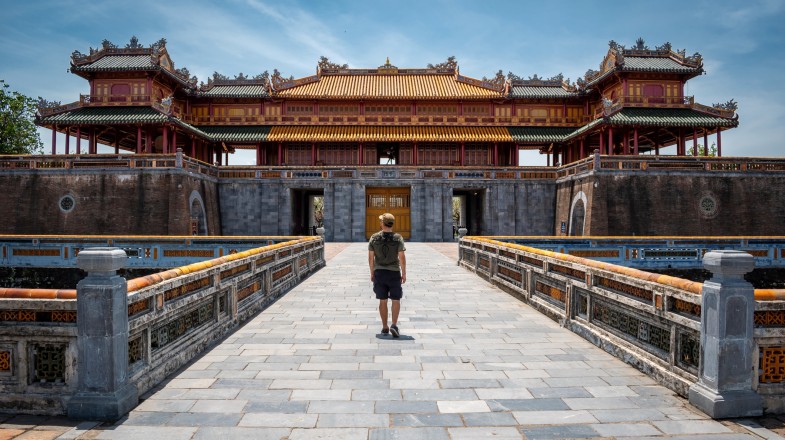Tourist visits the Ngo Mon Gate in Hue when spending two weeks in Vietnam.