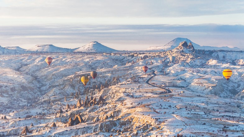 A winter day in Cappadocia with snowfall in Turkey in November.