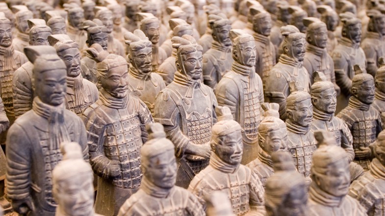 Sculptures of numerous warriors placed in rows