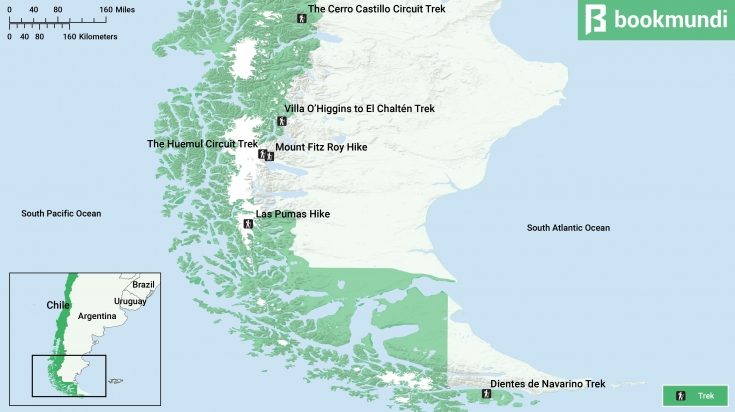 Find out the 6 best treks and hikes in Patagonia and where exactly are they located in this map. Best Treks and Hikes in Patagonia Map